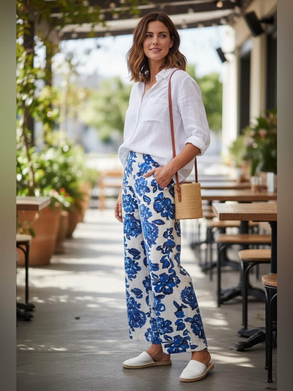 Soft Surroundings White Top with Blue Floral Wide Leg Pants